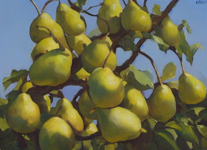 Image similar to oil painting of translucent pears on tree by greg manchess