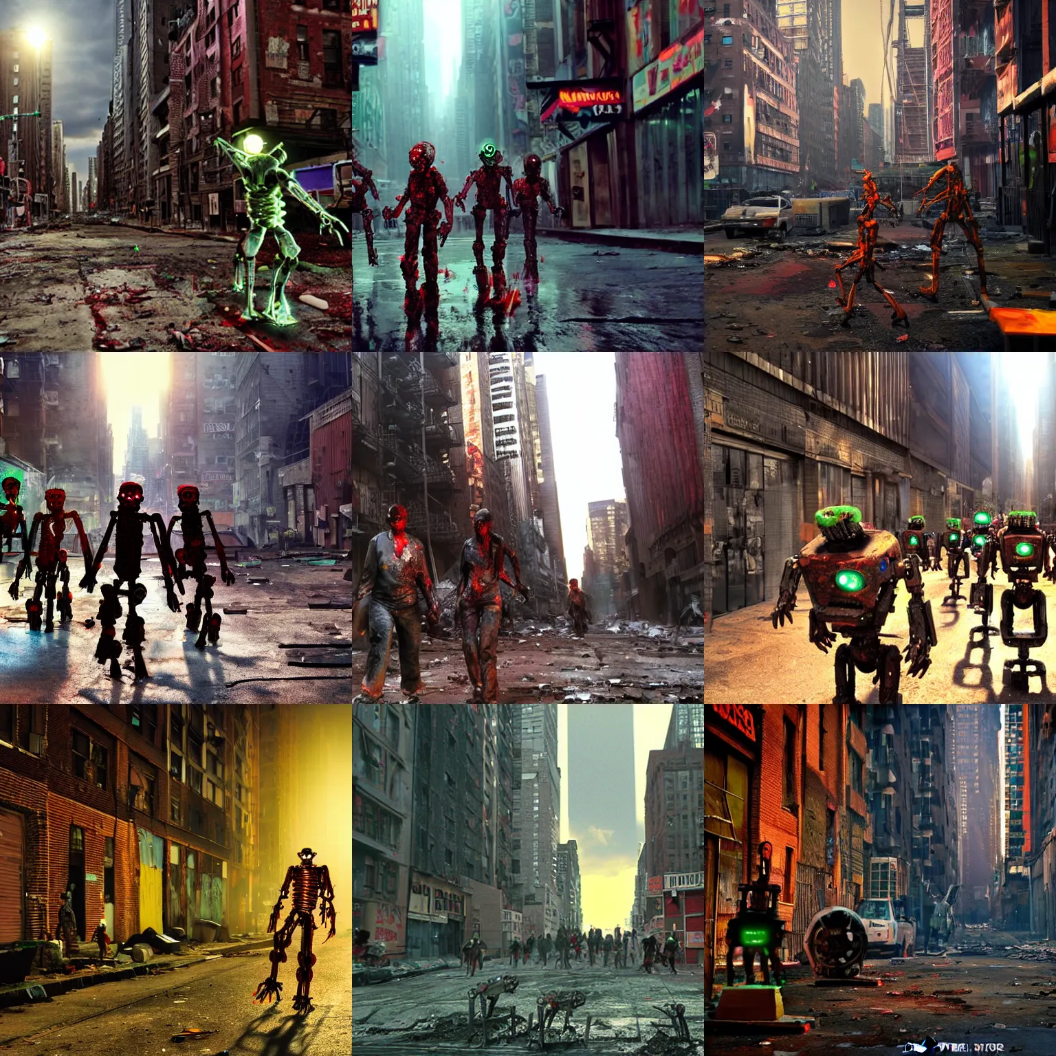 Prompt: <photo location='new york slums' hd stunning lighting=vibrant>zombie robots</photo>