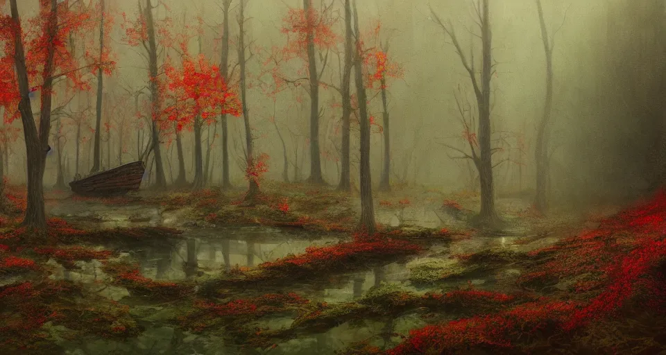 Image similar to an old broken ship in an autumn forest, green and red tones, by Aron Wiesenfeld and beksincki, cinematic, detailed illustration, nature, fog, dark colors, suspense, intricate, 8k