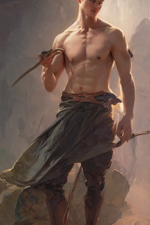 Prompt: Young man, no beard, muscular upper body, D&D, fantasy, realistic physic, accurate hyper-realistic body, elegant, highly detailed, digital painting, artstation, concept art, smooth, sharp focus, illustration, art by artgerm and greg rutkowski and alphonse mucha