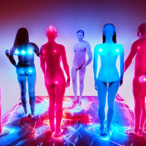 Image similar to diverse groups of humans with glowing electronic body implants projecting amazing images collectively, from behind, rebirth, beauty, wide angle, elaborate, wet, highly detailed, colors, beautiful lighting