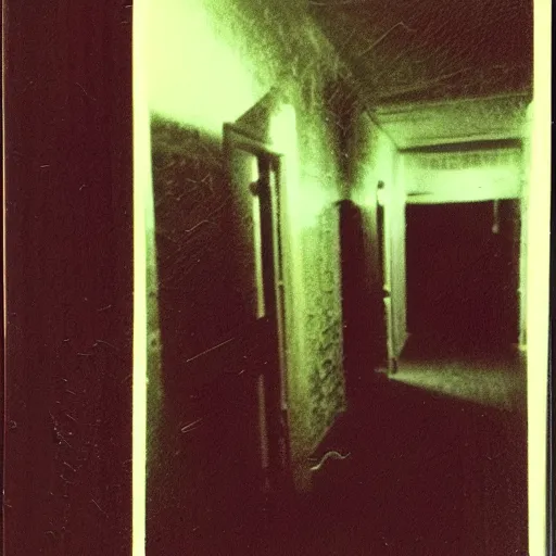 Image similar to a terrifying monster at the end of a hallway, dark!, creepy, nightmare fuel!!!, unsettling, uncanny valley!, old polaroid, expired film,