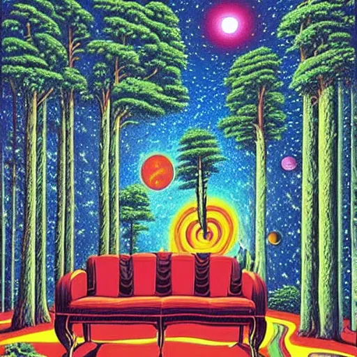 Prompt: psychedelic trippy warm pine forest, planets, milky way, sofa, cartoon by rob gonsalves