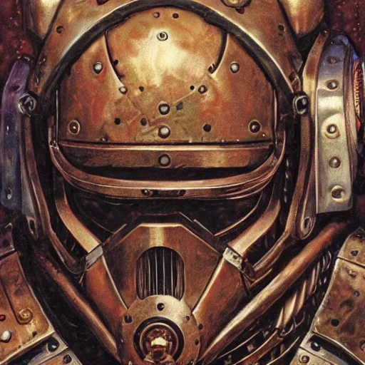 Image similar to the doomslayer as a steampunk knight, realistic closeup portrait art by norman rockwell and donato giancola and greg rutkowski, a - symmetrical