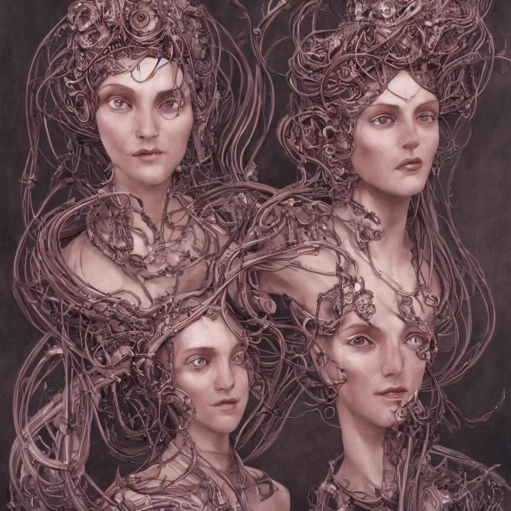 Image similar to a stunning art nouveau bust portrait of a beautiful and complex alien queen with strong confident eyes and a playful smile, sensual frontal declotage, perfect symmetrical facial features, extremely hyperdetailed, mixed media painting, unreal engine, 8 k, octane, 8 mm, by travis charest, chris achilleos and olivia de bernardinis