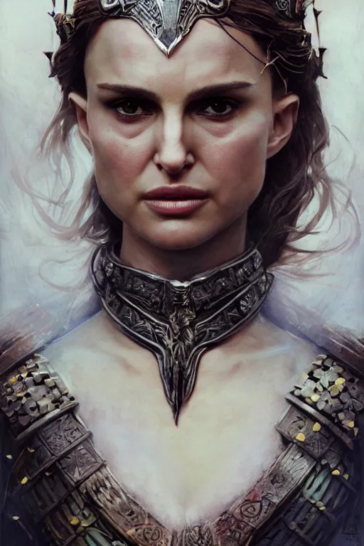 Image similar to natalie portman, legendary warrior, heroic, lord of the rings, tattoos, decorative ornaments, battle armor, by carl spitzweg, ismail inceoglu, vdragan bibin, hans thoma, greg rutkowski, alexandros pyromallis, perfect face, fine details, realistic shading photorealism