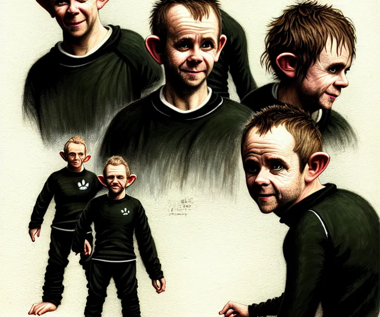 Image similar to a detailed 5 0 mm portrait of dominic monaghan and billy boyd as hobbits squatting slavs in black adidas track suits with white stripes down the leg, caricature, highly detailed, digital painting, artstation, concept art, sharp focus, cinematic lighting, illustration, art by met mangindaan, artgerm and greg rutkowski, alphonse mucha, cgsociety