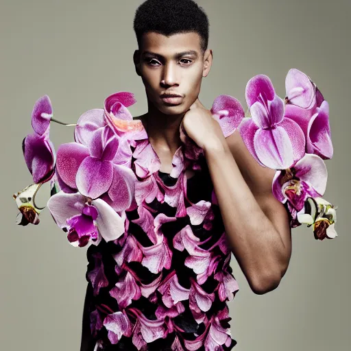 Image similar to a portrait of a beautiful young male wearing an alexander mcqueen croptop made of orchids , photographed by andrew thomas huang, artistic