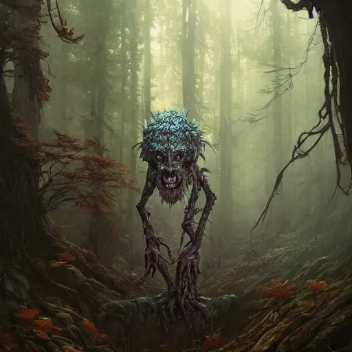 Image similar to highly detailed creepy forest humanoide creature, stephen bliss, unreal engine, fantasy art by greg rutkowski, loish, rhads, ferdinand knab, makoto shinkai and lois van baarle, ilya kuvshinov, rossdraws, tom bagshaw, global illumination, radiant light, detailed and intricate environment