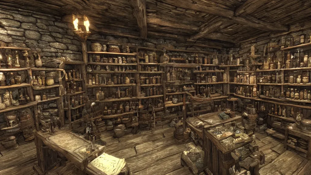 Image similar to 12th century apothecary shop, still from the game skyrim!!!, wide lens