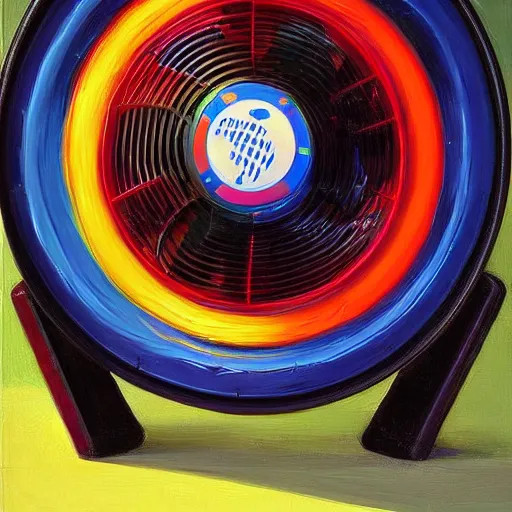 Image similar to a painting by Wayne Thiebaud of an RGB gaming pc, fan cooling, high specs, ethereal, by Wayne Thiebaud