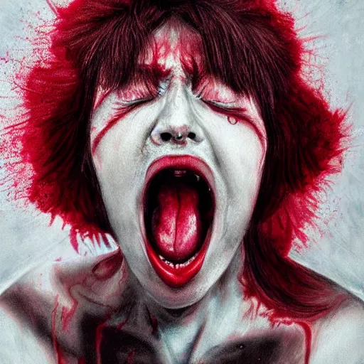 Image similar to extrem mad girl with extrem anger screams into the void to release her anger, high detail painting in dark red colors by Mamoru Kanbe