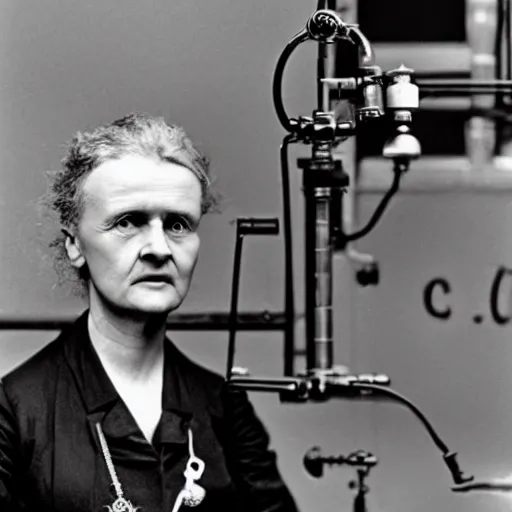 Image similar to Marie Curie with monocle, steampunk style, laboratory in the background