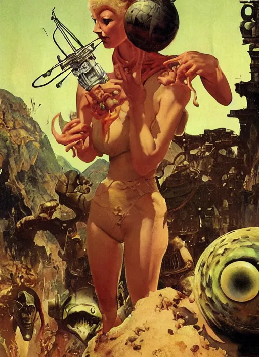 Prompt: 5 0 s pulp scifi fantasy illustration venusian alien in village on venus, by norman rockwell, roberto ferri, daniel gerhartz, edd cartier, jack kirby, howard v brown, ruan jia, tom lovell, frank r paul, jacob collins, dean cornwell, astounding stories, amazing, fantasy, other worlds