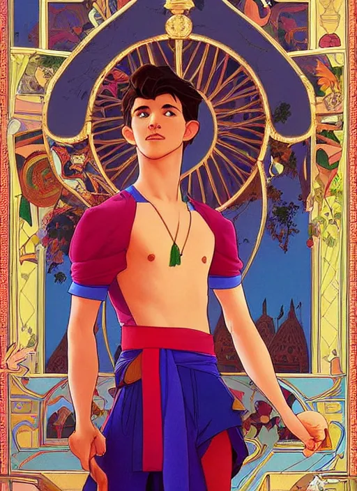 Image similar to skinny young tom holland as prince ali ababwa, iago perched nearby, natural lighting, path traced, highly detailed, high quality, beautiful digital painting, by don bluth and ross tran and studio ghibli and alphonse mucha, artgerm