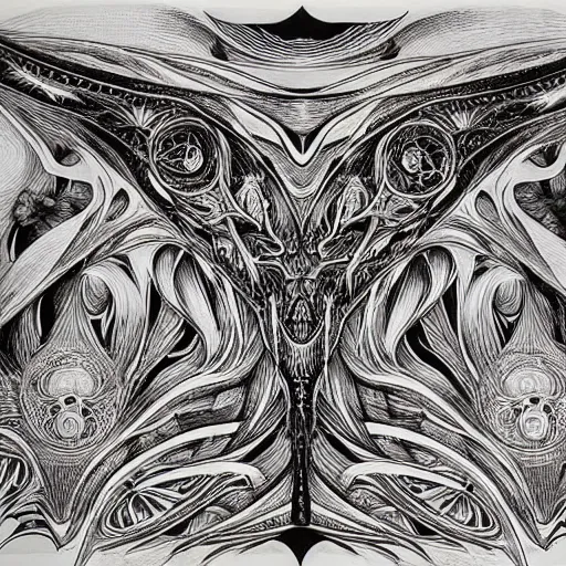 Image similar to symmetrical fantasy landscape, by aaron horkey, b & w