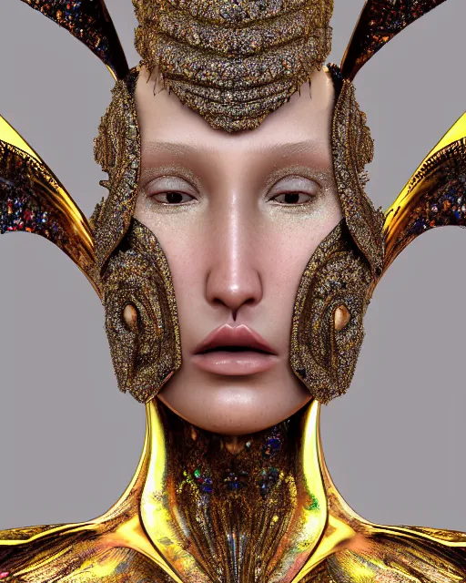 Image similar to a highly detailed metahuman 4 k close up render of an alien goddess bella hadid queen in iris van herpen dress schiaparelli in diamonds crystals swarovski and jewelry iridescent in style of alphonse mucha gustav klimt trending on artstation made in unreal engine 4