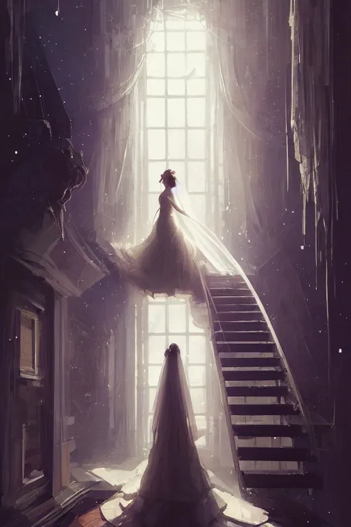 Prompt: bride, going down the stairs with stars and hanging silk drapery, futurism, light dust, magnificent, close up, sharp focus, elegant, highly detailed, illustration, by jordan grimmer greg rutkowski wlop maya takamura, intricate, trending artstation, pixiv, digital art