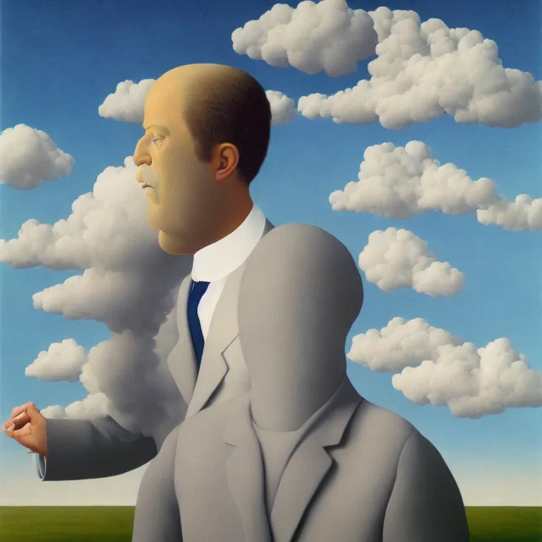 Image similar to portrait of a cloud man by rene magritte, detailed painting, hd, hq, high resolution, high detail, 4 k, 8 k