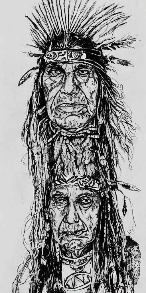 Image similar to a loose wild messy ink sketch portrait of a Native American shaman in the style of ralph steadman, caricature, dramatic