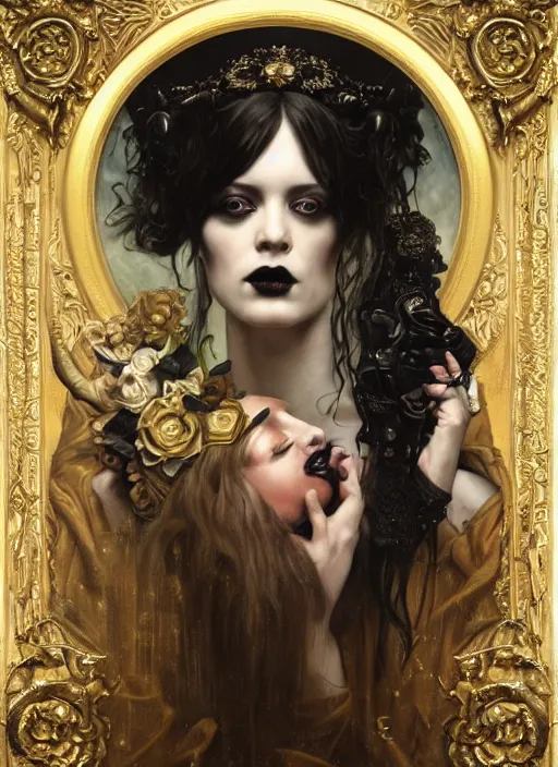 Image similar to highly detailed oil painting | very intricate | cinematic lighting | award - winning | portrait of the goddess of goth dressed by alexander mcqueen | by roberto ferri, by tom bagshaw, by j. c. leyendecker and klimt, american romanticism, by austin osman spare, artstation, cgsociety, official art, octane