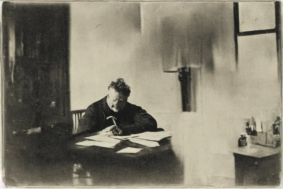 Prompt: wet plate photograph, august strindberg writing alone at a secretary desk in a small viennese apartment, night time, alone, lamplight, victorian era, depth of field, very detailed, highly accurate, intricate