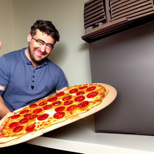 Prompt: Marques Brownee unboxing a Laptop shaped pizza