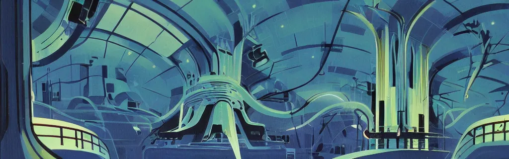 Image similar to 7 0 s sci - fi space station interior, retrofuturism, gouache, trees, animated film, stylised, illustration, by eyvind earle, scott wills, genndy tartakovski