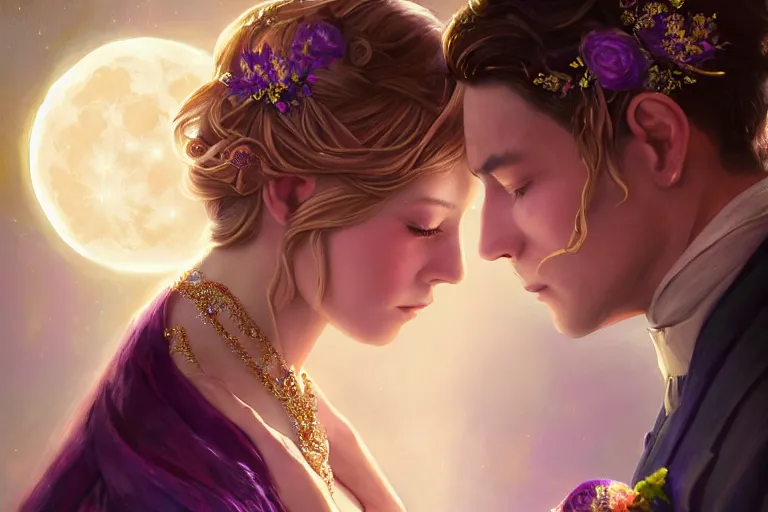 Image similar to a dreamlike cinematic portrait of wedding photograph close up moment of a divine a russian sun god and moon goddess lovers magician at a wedding banquet. portraiture. digital painting. artstation. concept art. fantasy wedding photo. digital painting, 8 k realistic, hyper detailed, violet evergarden art masterpiece by art by krenz cushart