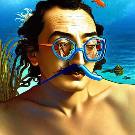 Prompt: salvador dali snorkeling in cap de ras, highly detailed, digital painting, artstation, sharp focus, illustration, art by tan zi and alphonse mucha