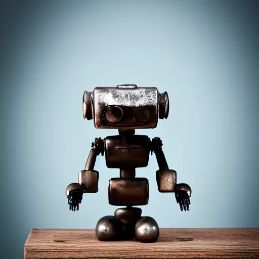 Image similar to a glazed ceramic sculpture of a robot at the moment it gains sentience, emotional, sitting on an old wooden desk, high quality photograph, sigma 8 5 mm f / 8