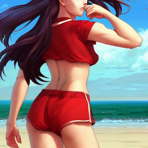 Prompt: a half horse half human creature standimg on the beach,wearing red shorts,anthropomorphic,Character design by charlie bowater, ross tran, artgerm, and makoto shinkai, detailed, inked, western comic book art, 2021 award winning painting,digital art,ultra realistic,ultra detailed,art by greg rutkowski,muscular,detailed face,hyperdetailed,hyperrealistic,detailed face,photorealistic,realistic,4k