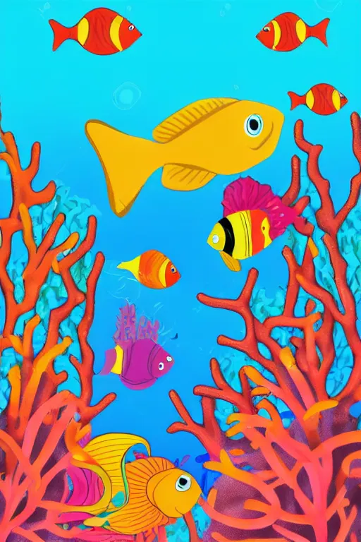 Image similar to a beautiful and colorful fish swimming through a coral in the ocean, cartoon style