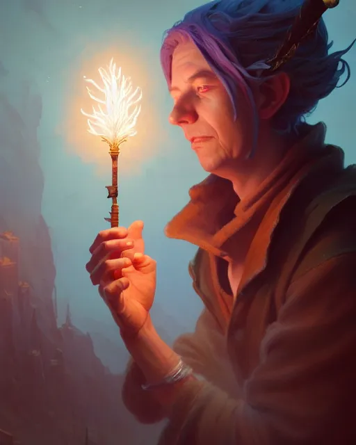 Image similar to highly detailed vfx portrait of an old mage casting a light spell, unreal engine, greg rutkowski, loish, rhads, beeple, makoto shinkai and lois van baarle, ilya kuvshinov, rossdraws, tom bagshaw, alphonse mucha, global illumination, detailed and intricate environment