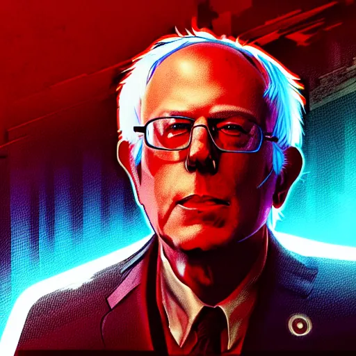 Image similar to cyberpunk bernie sanders as the leader of a futuristic communist nation, cybernetics, sharp lines, digital, artstation, colored in