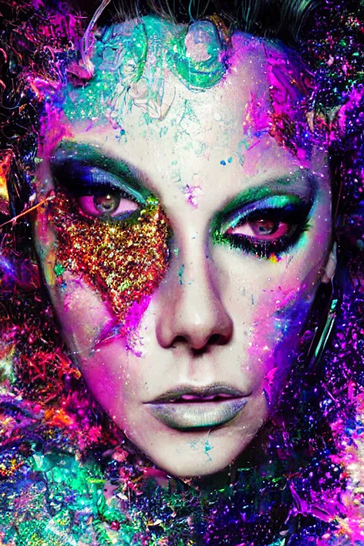 Prompt: portrait, headshot, digital painting, an delightfully mad techno - shaman lady, synthwave, glitter makeup, glitch, chromatic aberration, fracture, crystal explosion, realistic, hyperdetailed, chiaroscuro, concept art, painterly, art by john berkey