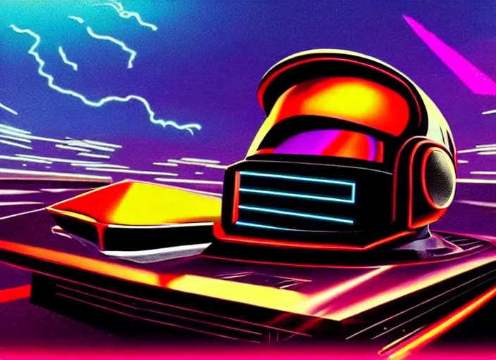 Prompt: knight rider, daft punk electroma movie, synthwave style, sea of technology