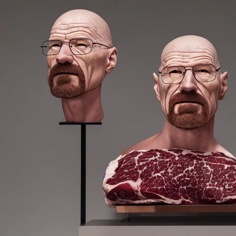 Prompt: hyperrealistic portrait sculpture of a walter white made of dry - aged wagyu beef on a pedestal by ron mueck and duane hanson and lee bontecou, hyperrealistic dramatic colored lighting trending on artstation 8 k