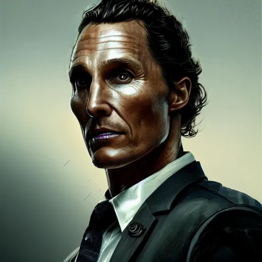 Image similar to portrait of a man by greg rutkowski, matthew mcconaughey as a ceo of weyland - yutani aliens franchise, he is about 5 0 years old, wearing futuristic office suit, highly detailed portrait, digital painting, artstation, concept art, smooth, sharp foccus ilustration, artstation hq