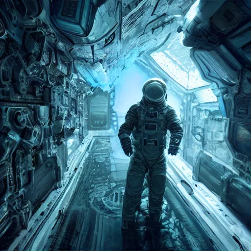 Image similar to concept art by craig mullins astronaut in futuristic dark and empty spaceship underwater. infrared complex and hyperdetailed technical suit. mandelbulb fractal. reflection and dispersion materials. rays and dispersion of light. volumetric light. 5 0 mm, f / 3 2. noise film photo. flash photography. unreal engine 4, octane render. interstellar movie art