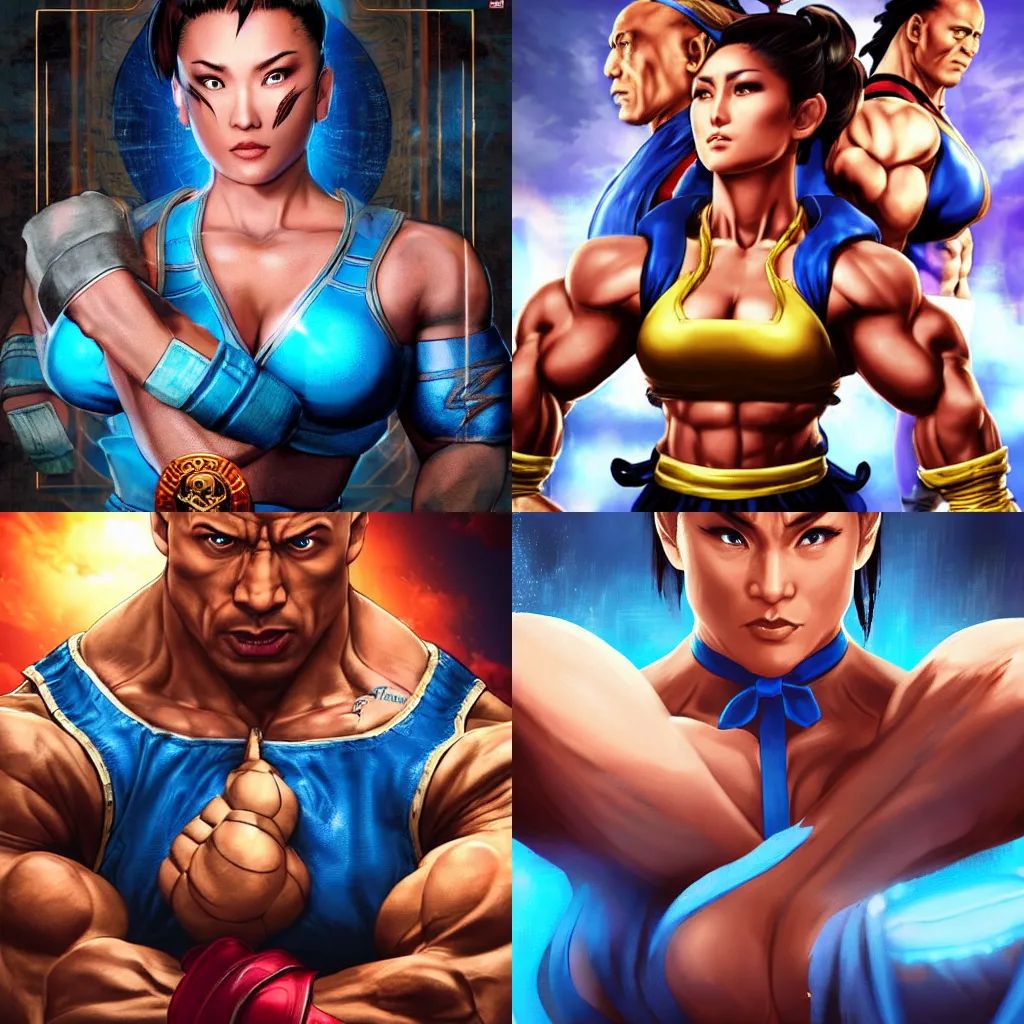 Prompt: street fighter chun li with dwayne johnson's face reminiscent of dwayne johnson, face as of dwayne johnson, looks like dwayne johnson with dwayne johnson's face and dwayne johnson's head, blue female outfit on dwayne johnson, intricate, epic lighting, cinematic composition, hyper realistic, 8k resolution, unreal engine 5, by Artgerm, tooth wu, dan mumford, beeple, wlop, rossdraws, James Jean, Andrei Riabovitchev, Marc Simonetti, yoshitaka Amano, Artstation