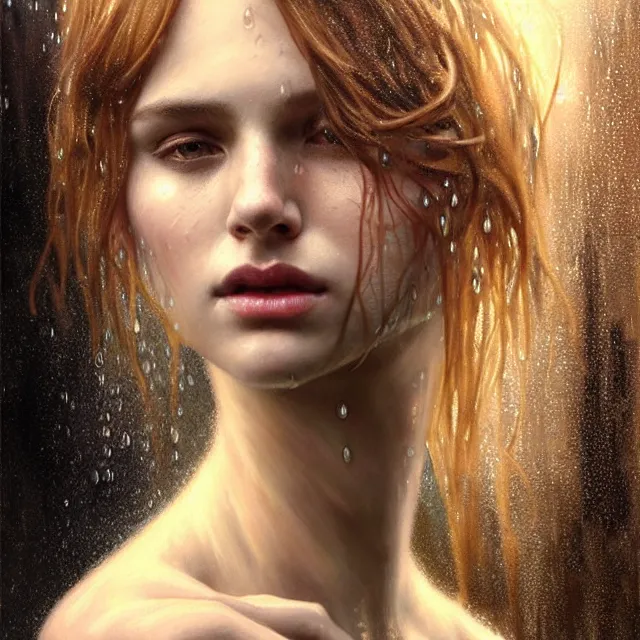 Image similar to bright portrait rain on face and wet hair, overhead lighting, fantasy, intricate, elegant, dramatic lighting, highly detailed, lifelike, photorealistic, digital painting, artstation, illustration, concept art, smooth, sharp focus, art by John Collier and Albert Aublet and Krenz Cushart and Artem Demura and Alphonse Mucha