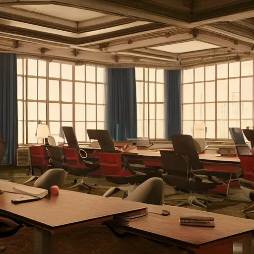 Prompt: room with a lot of computers and a chair in the middle of the frame, directed by wes anderson, highly detailed, photorealistic, hd, 8k.