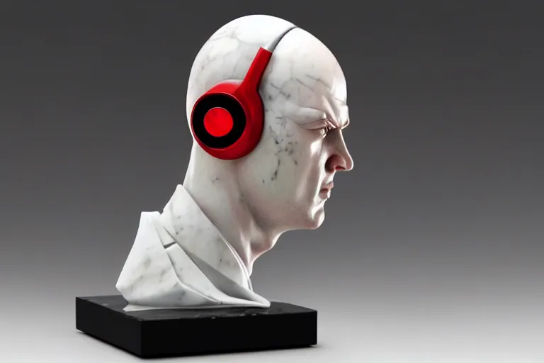 Image similar to a marble sculpture of agent 4 7 from hitman wearing headphones