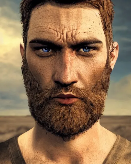 Image similar to portrait of muscular, tired and alcoholic 3 0 - year - old handsome man with short darkblonde hair, serious sad look in his eyes, dirty beard, blue eyes, wearing dirty soldier uniform, on the desert, hyper realistic face, beautiful eyes, character art, art by mark brooks, hyperdetailed, cryengine, trending on artstation, digital art