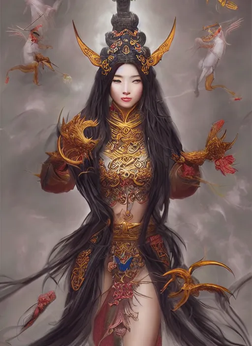 Image similar to chinese mythology, a beautiful chinese queen by huang guangjian, artgerm, ross tran, fenghua zhong, perfect body - shape, full - length portrait, symmetrical face, celestial being, fantasy elf armor, hyperreality, artstation, final fantasy, symmetrical, elite, luxury, morandi color scheme