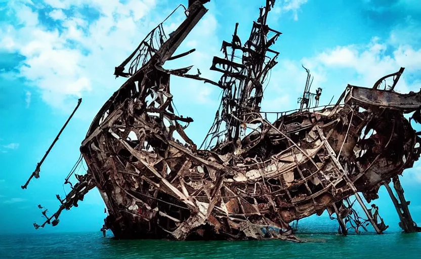 Image similar to “Pirate ship wreck falling from the sky, 4k, cinematic, award winning”