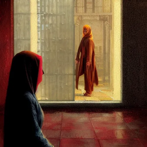 Image similar to detailed face of a woman, moment, courtyard, capital, cyberpunk mosque interior, control panel, watcher, omniscient, tech noir, wet reflections, impressionism, atmospheric, ambient, speed painting, livia prima, edward hopper