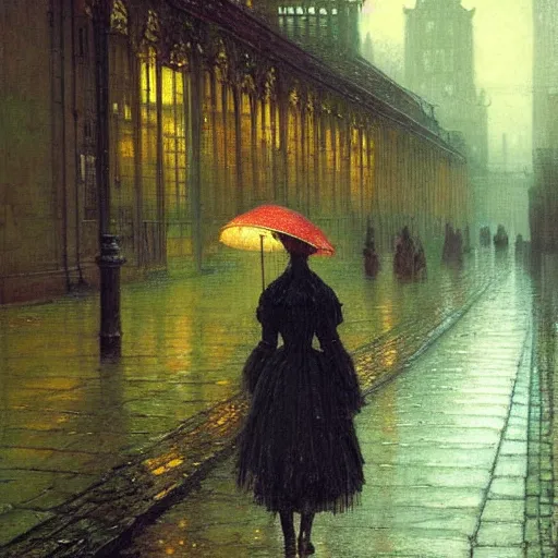 Prompt: oil painting of a Victorian woman in the rain walking away, dreamy and detailed, by John Atkinson Grimshaw