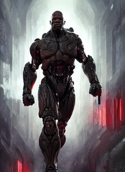 Image similar to terry crews as victor stone, full body concept, cyborg, borg, strogg, face of a man, terminator, flesh, quake strogg, doom demon, wolfenstein, monstrous, powerful, symmetry, symmetrical, concept art by ruan jia and greg rutkowski